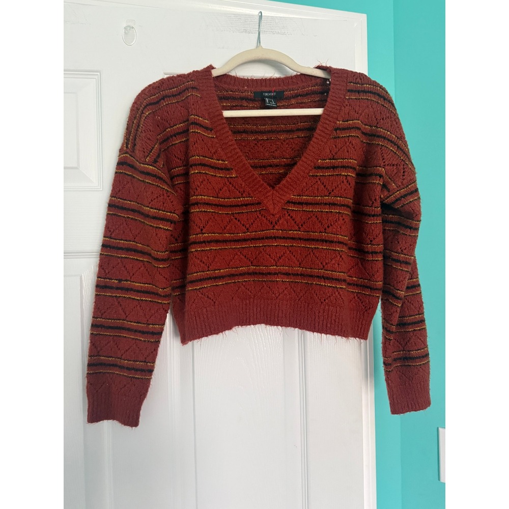 Forever 21 Rust Red Striped V-Neck Cropped Knit Sweater Small Pointelle Boho